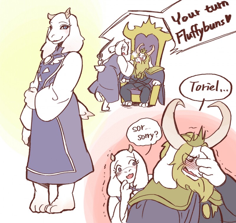 anthro blonde_hair blush cape clothing crown dialogue facial_hair female fur hair headgear horn long_ears long_horn male mature_anthro mature_female mature_male robe text white_body white_fur yomf9843 undertale undertale_(series) asgore_dreemurr toriel boss_monster_(undertale) bovid caprine mammal 2017 english_text hi_res