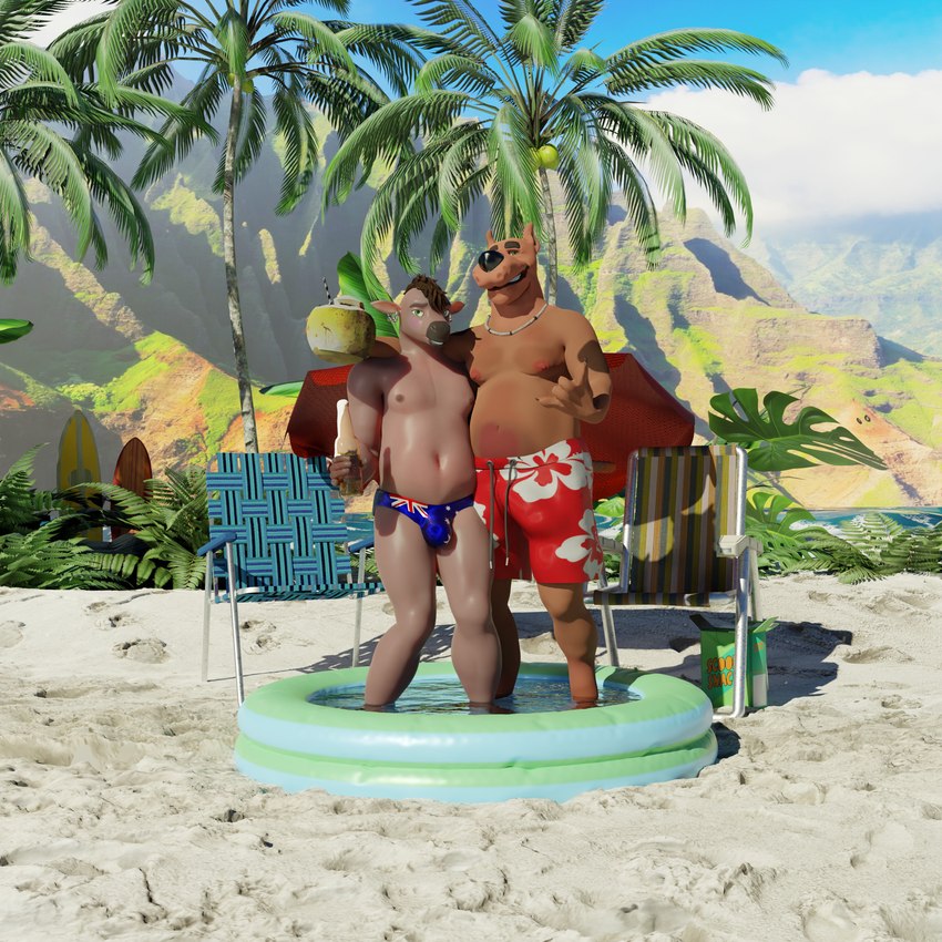 alcohol anthro australian beach beach_chair beach_umbrella beer belly belly_to_belly beverage bulge bulge_size_difference clothing coconut coconut_drink drupe_(fruit) duo ear_piercing ear_ring flag_speedo flag_swimwear food fruit hawaii island jewelry lawn_chair male male/male mohawk monstera necklace palm_tree parasol piercing plant pool ring_piercing scooby_snacks seaside shy slightly_chubby smile speedo surfboard surfer swimming_pool swimwear swimwear_only tree umbrella water lasersloth42 blender_cycles hanna-barbera scooby-doo_(series) aussie_bodhi scooby-doo bovid bovine canid canine canis cattle domestic_dog great_dane mammal mastiff molosser 3d_(artwork) absurd_res blender_(artwork) comic cover cover_art cover_page digital_media_(artwork) hi_res