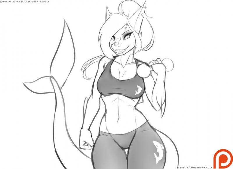 anthro athletic athletic_anthro athletic_female bra breasts cleavage clothed clothing female hair midriff navel non-mammal_breasts solo sports_bra text tight_clothing underwear doomthewolf sally_(doomthewolf) fish marine shark 2017 url