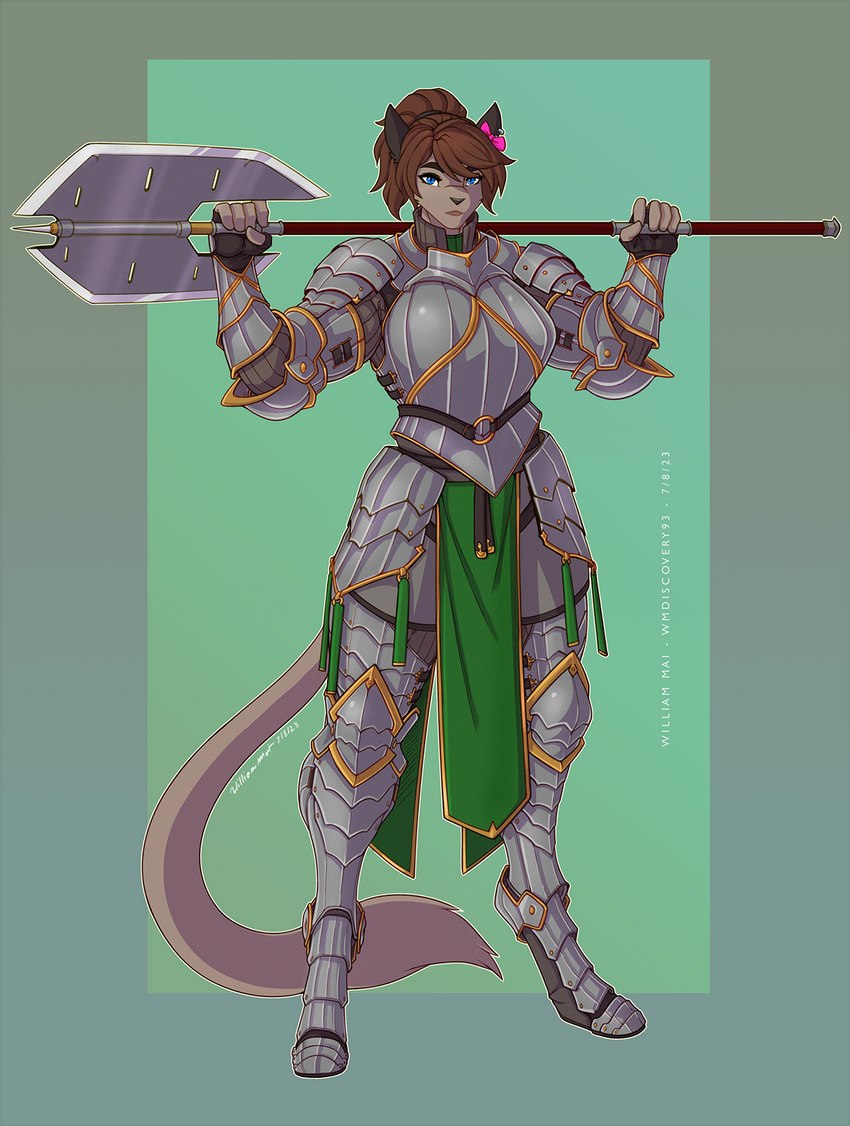 anthro armor axe blue_eyes clothed clothing double_bitted_axe female fully_clothed greataxe heavy_armor holding_melee_weapon holding_object holding_weapon medieval medieval_armor melee_weapon plate_armor polearm simple_background solo weapon wmdiscovery93 nielo_(gamal) cougar felid feline hybrid mammal 2023 digital_media_(artwork) hi_res