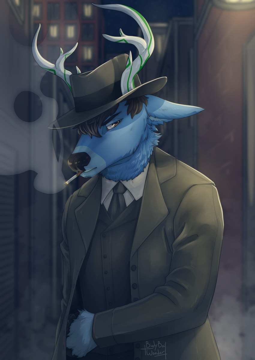 alley birdyboiwonder blue_body blue_fur brown_eyes brown_hair cigarette cigarette_in_mouth cigarette_smoke city city_background clothed clothing detailed_background detective fur glowing_antlers hair hat headgear headwear hooves looking_at_viewer object_in_mouth smoke smoking smoking_cigarette suit archie_b_antlers_(archiehasantlers) deer mammal 2023 absurd_res digital_media_(artwork) hi_res signature nonbinary_(lore)