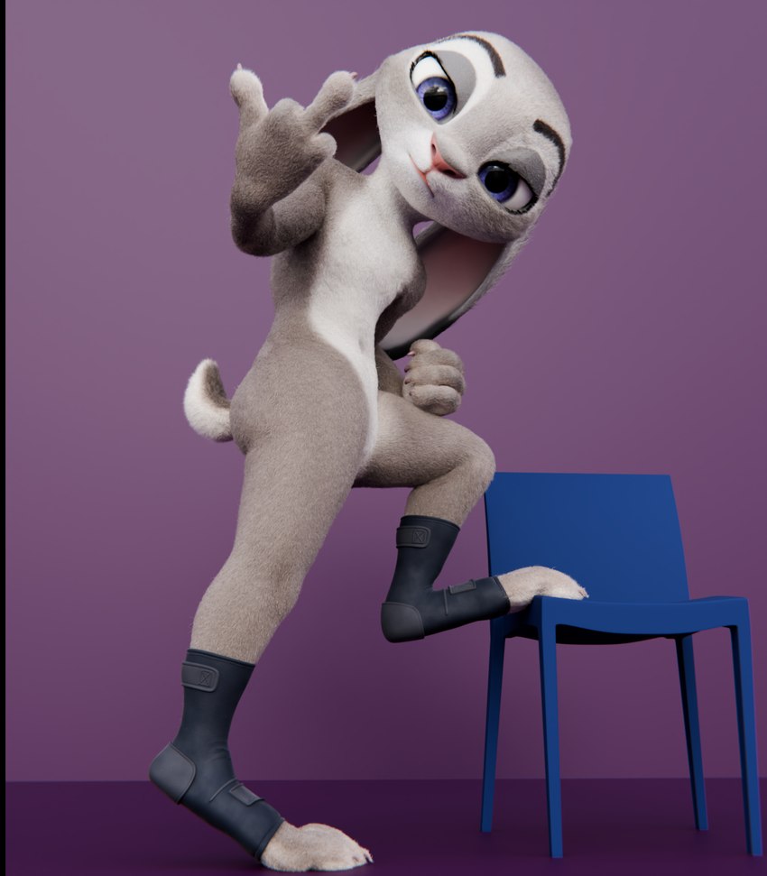 3_toes anthro clothing ears_down eyebrows eyes_closed feet female foot_on_chair footwear fur furniture gesture grey_body grey_fur hand_gesture middle_finger multicolored_body nude paws pivoted_ears purple_background purple_eyes raised_eyebrow simple_background solo tail tiptoes toes cotg_(artist) disney zootopia judy_hopps lagomorph leporid mammal rabbit 2024 3d_(artwork) digital_media_(artwork) hi_res reaction_image