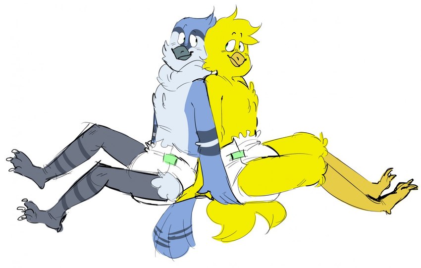 anthro back_to_back beak blue_body blue_fur clean_diaper clothed clothing diaper diaper_only duo feathers feet fur looking_back male male/male simple_background sitting tail tail_feathers talons toes topless wearing_diaper white_background yellow_body yellow_fur slusheep avian bird blue_jay corvid jay_(bird) new_world_jay oscine passerine 2018