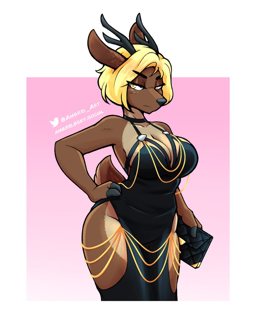 anthro antlers big_breasts black_clothing black_dress blonde_hair breasts brown_body brown_fur clothing clutch_(bag) collarbone dress eyebrows eyelashes female fur hair hand_on_hip horn purse short_hair solo tan_body tan_fur wide_hips yellow_eyes ambris hollow_hip_backless_chain_dress meme_clothing selene_(ambris) deer mammal 2024 4:5 digital_media_(artwork) hi_res meme