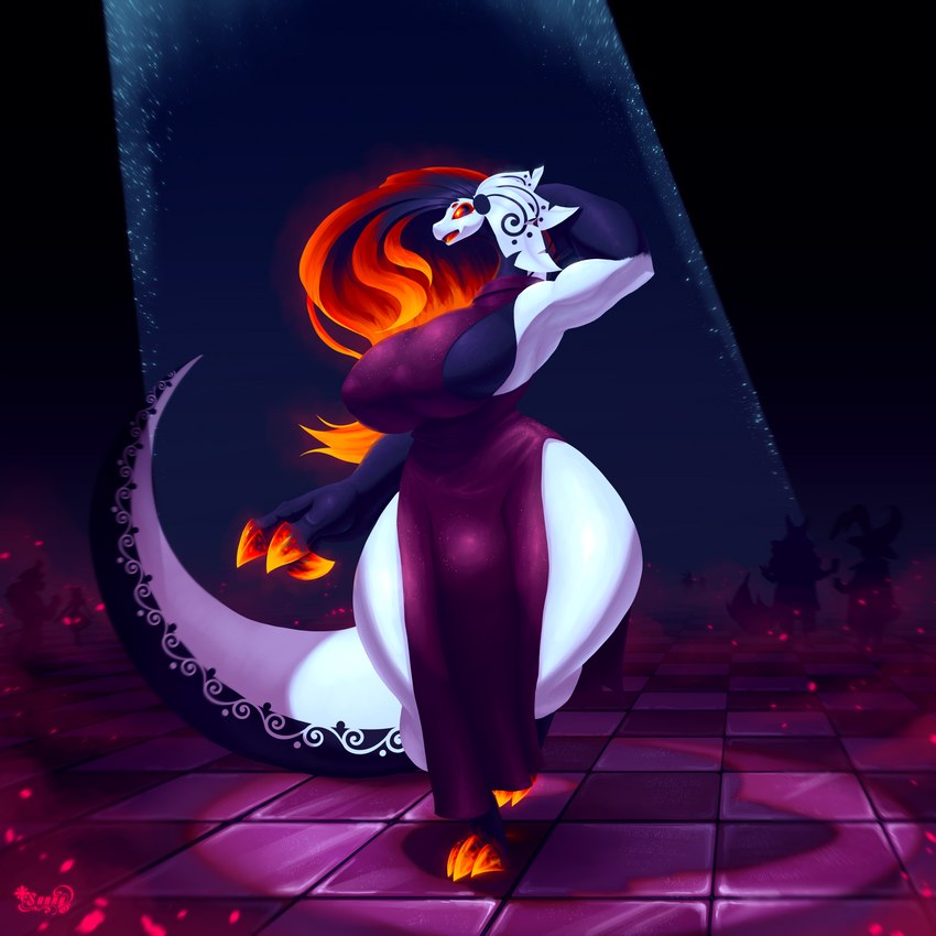 big_breasts breasts bulge claws clothed clothing dress floor glowing glowing_claws glowing_eyes gynomorph hair intersex long_hair non-mammal_breasts solo tail sunny_draconis mythology sunny_(sunny_draconis) dragon elemental_creature mythological_creature mythological_scalie scalie 1:1 hi_res