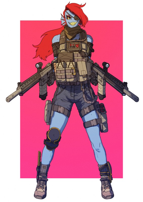 abstract_background ar-15 assault_rifle bag bangs bare_shoulders blue_body blue_skin boots border bottomwear clothed clothing collarbone combat_boots dual_wielding ear_fins ear_frill eye_patch eyelashes eyeshadow eyewear fangs female fin footwear frill_(anatomy) front_view grin gun hair heart_symbol hk416 holding_assault_rifle holding_gun holding_object holding_ranged_weapon holding_rifle holding_weapon kerchief knee_pads knife long_hair looking_at_viewer makeup military neckerchief neckwear noseless pupils ranged_weapon red_eyes red_eyeshadow red_hair rifle sharp_teeth shemagh shoes shorts simple_background slit_pupils smile soldier solo standing teeth warrior weapon white_border yellow_eyes yellow_teeth pgm300 undertale undertale_(series) undyne animal_humanoid fish fish_humanoid humanoid marine marine_humanoid 2015 digital_media_(artwork) full-length_portrait hi_res portrait