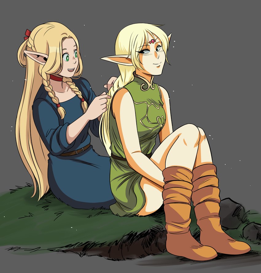 blonde_hair boots braided_hair braiding_hair clothing duo female footwear hair humanoid_pointy_ears not_furry personal_grooming pointy_ears shoes sitting styling_hair missgreeney delicious_in_dungeon record_of_lodoss_war deedlit marcille_donato elf humanoid 2024 absurd_res crossover hi_res