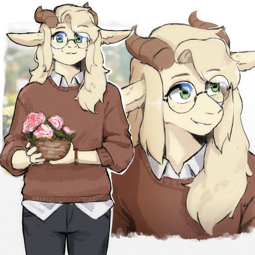 2_horns anthro clothed clothing eyebrows eyewear flower freckled_face freckles fully_clothed glasses green_eyes hair holding_object horizontal_pupils horn long_hair male plant pupils round_glasses smile solo wearing_glasses white_hair 00niine austin_(00niine) bovid caprine goat mammal 1:1 2024 hi_res