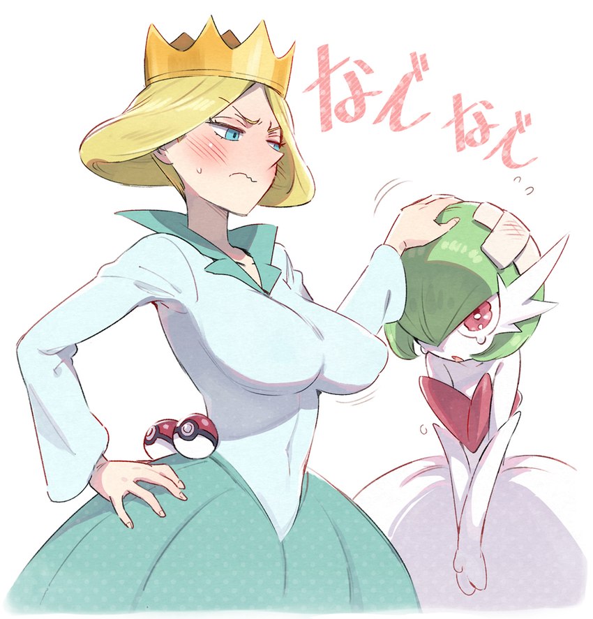 ambiguous_gender bandage blonde_hair blue_clothing blue_eyes blush breasts clothed clothing collarbone crown duo female green_hair hair hand_on_head headgear pink_text pokeball queen red_eyes royalty standard_pokeball text white_body white_skin otokoter nintendo pokemon ranking_of_kings queen_hiling gardevoir generation_3_pokemon human mammal pokemon_(species) 2021 crossover