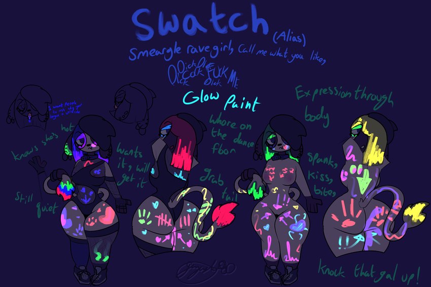 anthro big_butt blacklight blue_hair bodypaint breasts butt clothed clothing ear_piercing ear_ring female fishnet_clothing flesh_tunnel footwear gloves gloves_(marking) glowing glowing_paint green_hair hair hand_print handwear hat headgear headwear heart_symbol hoop_ear_ring knee_highs leg_markings legwear long_hair looking_at_viewer looking_back markings mostly_nude multiple_poses one_eye_obstructed paint piercing pose purple_eyes red_hair ring_piercing shoes simple_background skimpy small_breasts sneakers sneakers_only socks socks_(marking) solo standing straight_hair tail tally_marks text thick_thighs thigh_highs tongue tongue_piercing wide_hips gazaster nintendo pokemon generation_2_pokemon mammal pokemon_(species) smeargle 2025 3:2 absurd_res english_text hi_res model_sheet signature