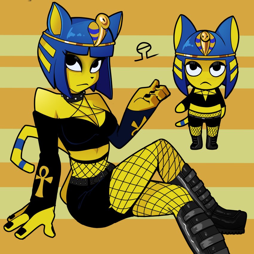 alternative_fashion anthro black_nails black_nose blue_hair boots bottomwear breasts clothed clothing collar colored_nails egyptian female fingers fishnet_clothing fishnet_legwear footwear frown fur goth hair legwear logo looking_at_viewer makeup midriff nails occult_symbol pentagram platform_footwear shirt shoes shorts simple_background solo symbol topwear yellow_body alvh-omega animal_crossing nintendo ankha_(animal_crossing) domestic_cat felid feline felis mammal 1:1 artist_logo digital_media_(artwork) hi_res