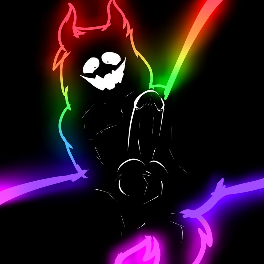 anthro balls bangs black_background black_body butt crazy_eyes crazy_smile creepy_face erection fluffy fluffy_tail genitals hands_behind_back horn looking_at_viewer looking_down looking_down_at_viewer low-angle_view male multicolored_outline outline penis rainbow_outline simple_background smile solo tail white_eyes white_mouth crackers undertale undertale_(series) asriel_dreemurr_(god_form) boss_monster_(undertale) bovid caprine mammal 1:1 2023