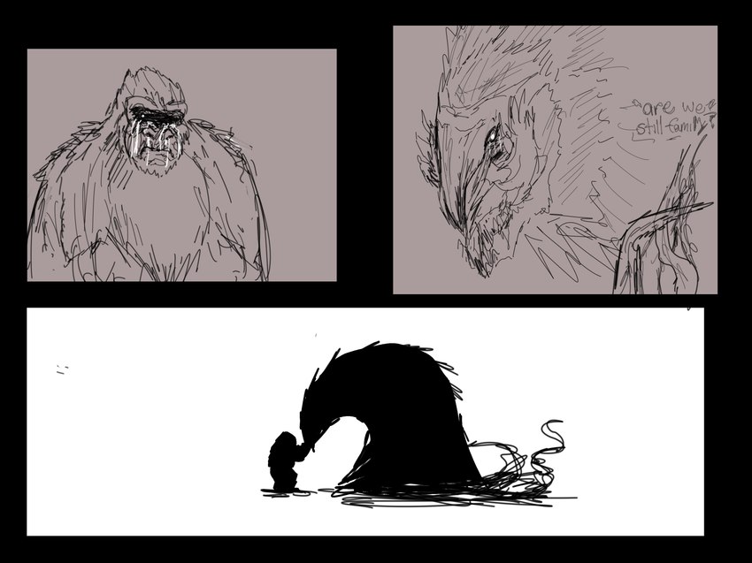 after_transformation bodily_fluids comforting crying duo female feral fur male plant sharp_teeth sign_language silhouette simple_background size_difference tears teeth text tusks vines choppacard godzilla_(series) king_kong_(series) monsterverse toho biollante jiallante king_kong ape elemental_creature flora_fauna gorilla haplorhine human hybrid mammal primate absurd_res black_and_white english_text hi_res monochrome