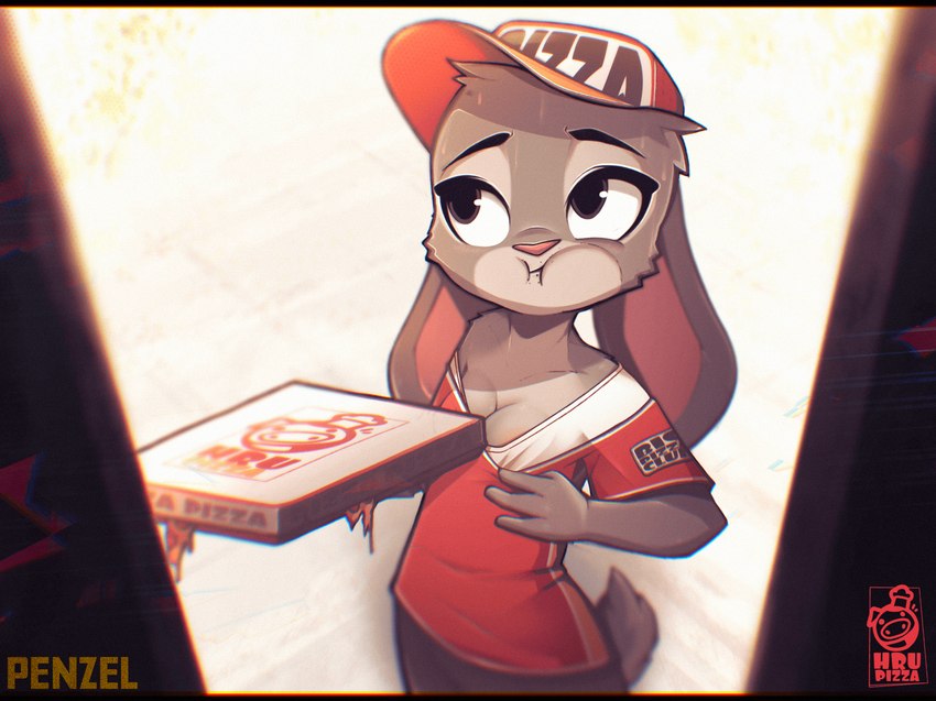 anthro breasts chewing cleavage clothed clothing clothing_pull courier delivery_(commerce) delivery_employee exposure_variation female food food_carrier food_delivery hat headgear headwear pizza pizza_delivery pizza_delivery_carrier shirt shirt_pull solo teasing topwear topwear_pull penzel disney zootopia judy_hopps european_rabbit lagomorph leporid mammal oryctolagus rabbit hi_res