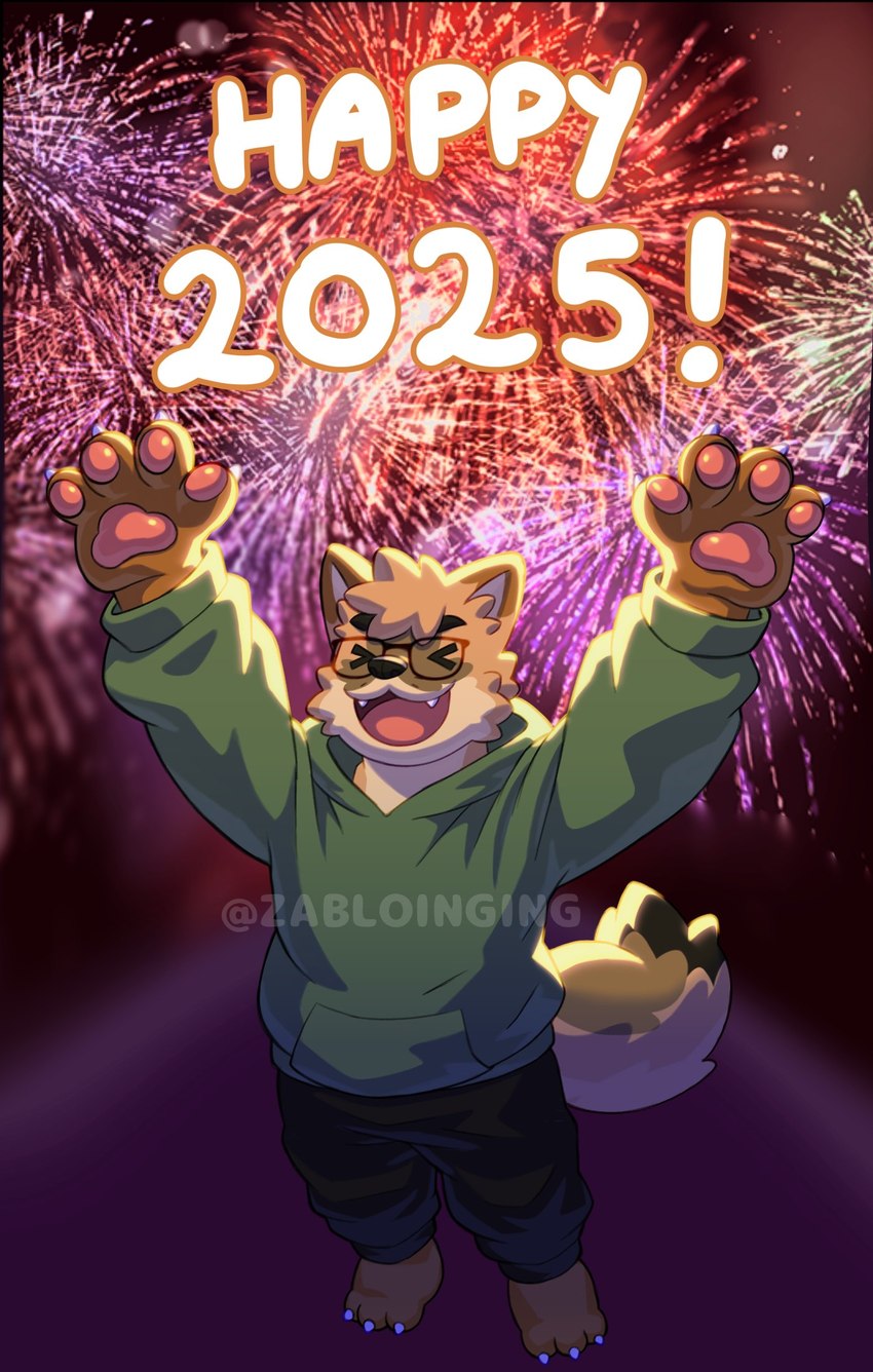 anthro barefoot bottomwear celebration claws clothing excited eyes_closed eyewear feet fireworks fur glasses hoodie male open_mouth overweight overweight_male pants paws raised_hand raised_paw slightly_chubby solo sweatpants tan_body tan_fur topwear zabloinging new_year_2025 peepo canid canine culpeo_fox fox mammal south_american_fox hi_res