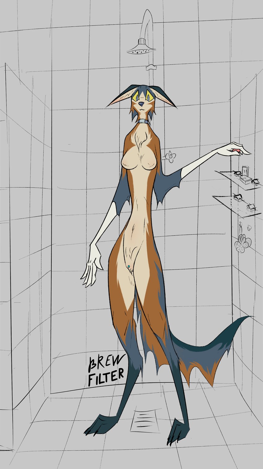 anthro bionic_arm bionics biped blue_eyes clothing collar collar_only cybernetic_arm cybernetic_limb digitigrade feet female female_anthro fur gloves handwear hindpaw looking_at_viewer multicolored_body nude paws piercing public_shower robotic_arm shower_room solo wet wet_body yellow_sclera brewfilter 15_(brewfilter) canid canine fox grey_fox mammal urocyon 9:16 absurd_res hi_res