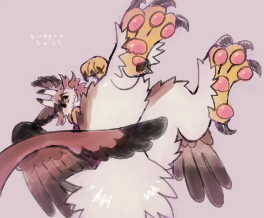 4_toes ambiguous_gender brown_body brown_ears brown_feathers feathers feet feral fluffy fur horn leg_tuft looking_at_viewer lying multicolored_horn on_back pawpads pink_background pink_pawpads red_body red_feathers simple_background solo tail talons tan_body tan_feathers tan_fur toes tuft two_tone_horn wavy_mouth yellow_talons birdpaw_(artist) mythology fursona_(birdpaw) dragon feathered_dragon feathered_scalie furred_dragon furred_scalie mythological_creature mythological_scalie scalie artist_name digital_media_(artwork) digital_painting_(artwork) hi_res