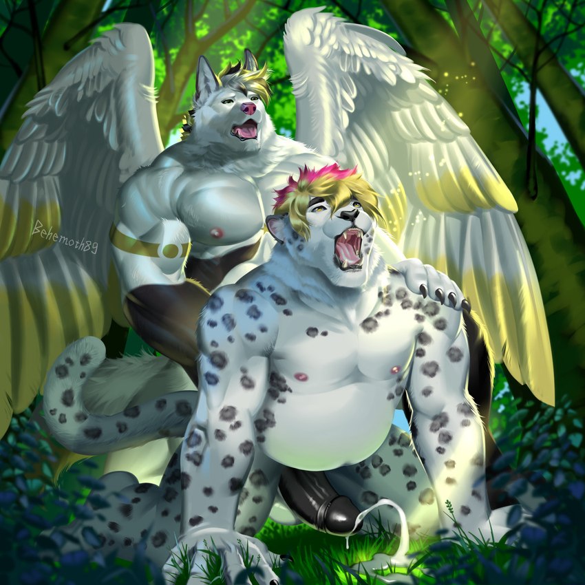 all_fours anal_orgasm anthro black_body black_fur black_penis blonde_hair doggystyle duo ejaculation fangs feathers forest forest_background from_behind_position fur genitals grass green_eyes hair hand_on_shoulder hands-free highlights_(coloring) leopard_spots male male/male markings multicolored_body multicolored_fur nature nature_background nipples nude obscured_penetration obscured_sex orgasm orgasm_face outside outside_sex penis pink_nipples plant sex short_hair spots spotted_body spotted_fur spread_wings tail teeth tongue tree white_body white_feathers white_fur white_wings wings yellow_body yellow_eyes yellow_feathers behemoth89 canid canine canis felid leopard mammal pantherine snow_leopard wolf 1:1 hi_res