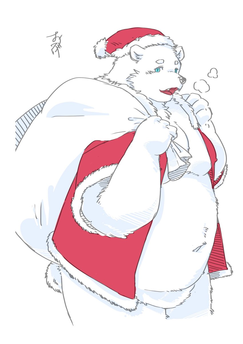 anthro belly big_belly blue_eyes christmas_clothing christmas_headwear clothing hat headgear headwear holidays humanoid_hands kemono male moobs overweight overweight_male santa_hat solo white_body okoge_16 christmas bear mammal polar_bear south_american_tapir tapir ursine 2022 hi_res