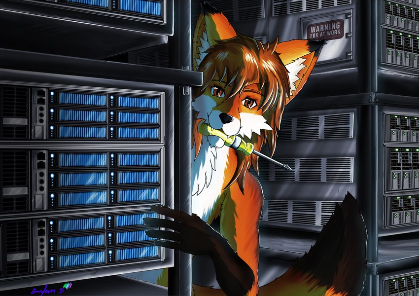 anthro black_paws brown_eyes brown_hair chest_tuft electronics fur hair holding_object male object_in_mouth orange_body orange_fur peeking_around_corner screwdriver server_room smile technology tools tuft working farfener canid canine fox mammal absurd_res colored hi_res