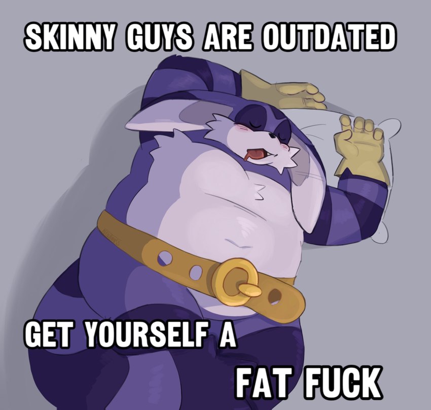 anthro belly belt blush bodily_fluids clothing drooling eyes_closed fur gloves handwear lying male navel on_back overweight overweight_male pillow profanity purple_body purple_fur saliva sleeping solo text newtmoss sega skinny_guys_are_outdated sonic_the_hedgehog_(series) big_the_cat domestic_cat felid feline felis mammal english_text hi_res