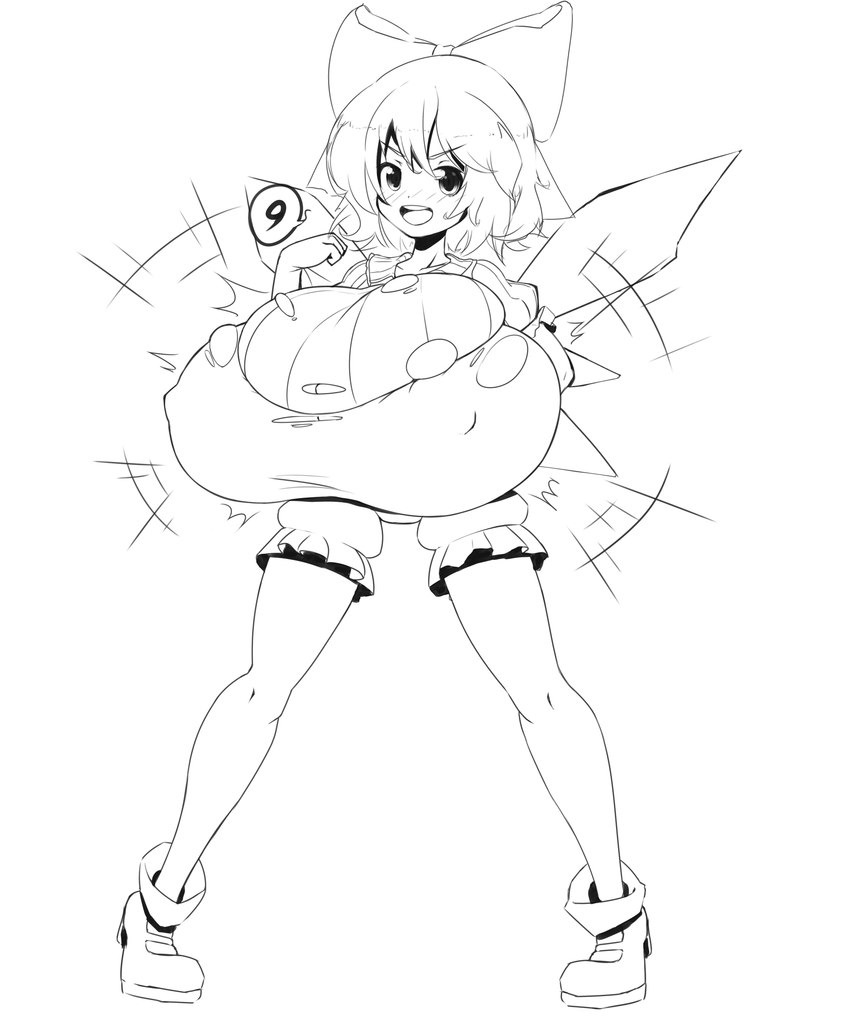 big_breasts blush bow_ribbon breast_expansion breasts clothing expansion female huge_breasts hyper hyper_breasts smile solo speech_bubble standing torn_clothing wings zozo_draws embodiment_of_scarlet_devil touhou cirno fairy humanoid absurd_res hi_res monochrome