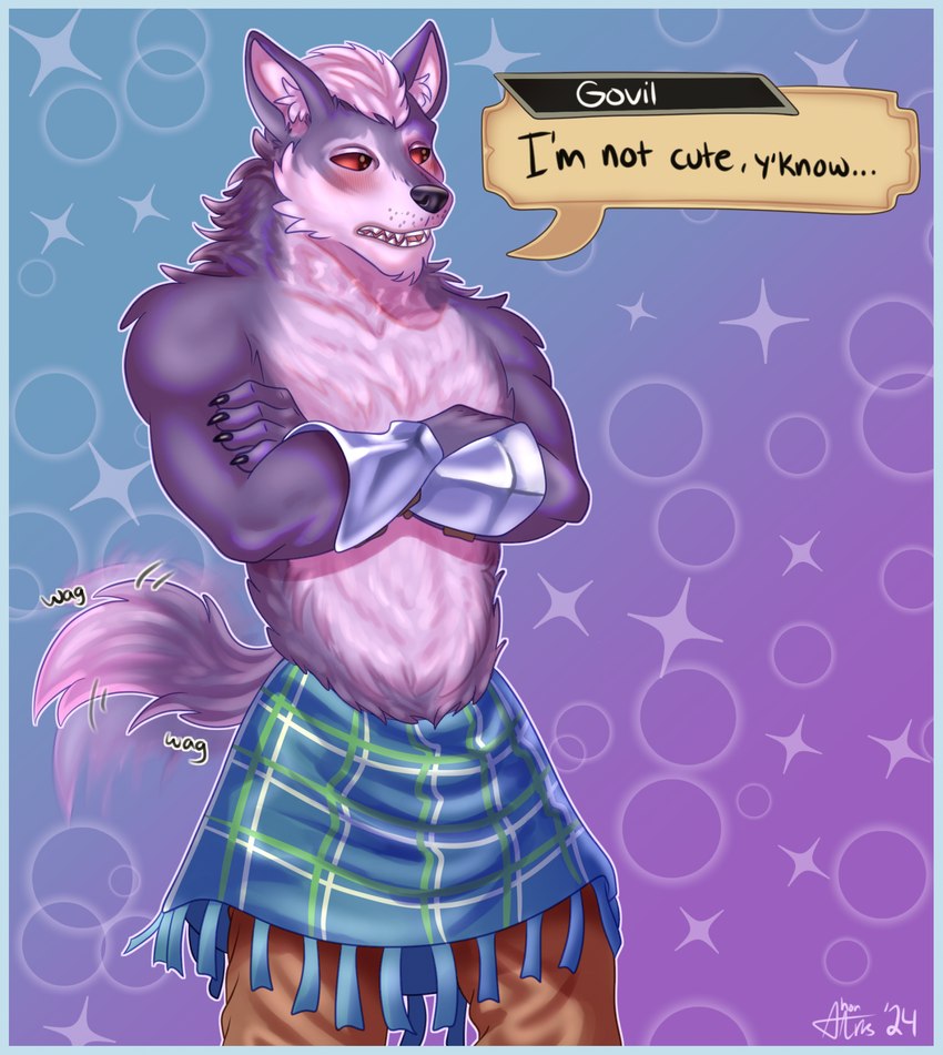 abs anthro armor biceps biped blue_border blush border bottomwear bracers claws clothed clothing crossed_arms dialogue dialogue_box embarrassed fur fuzzy gameplay_mechanics hair kilt looking_away male male_anthro multicolored_body muscular muscular_anthro muscular_male navel open_mouth pants partially_clothed red_eyes simple_background solo speech_bubble standing tail tail_motion tailwag teeth text topless two_tone_body shon_arts mythology unicorn_overlord vanillaware govil_(unicorn_overlord) canid canine canis mammal mythological_canine mythological_creature werecanid werecanine werecreature werewolf wolf 2024 colored digital_drawing_(artwork) digital_media_(artwork) english_text hi_res shaded signature