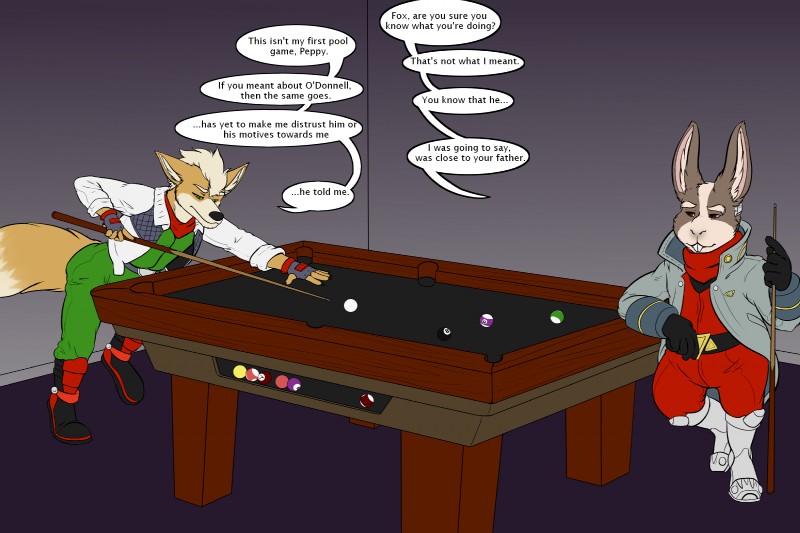 12_ball 14_ball 15_ball 4_ball 7_ball 8_ball anthro ball billiard_ball billiard_table billiards clothed clothing cue_ball cue_stick duo furniture holding_object male simple_background slightly_chubby standing table teeth text beezlebumawoken conditional_dnp nintendo star_fox fox_mccloud peppy_hare canid canine fox hare lagomorph leporid mammal 2017 3:2 digital_media_(artwork) english_text hi_res smaller_version_at_source