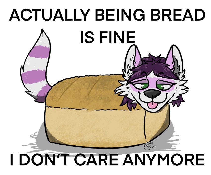 ambiguous_gender bread dialogue food in_bread looking_at_viewer markings ring_(marking) ringed_tail simple_background smile solo striped_markings striped_tail stripes tail tail_markings text tongue tongue_out white_background zombiedog_(artist) i_don't_want_to_be_bread hamgie food_creature mammal procyonid raccoon english_text meme