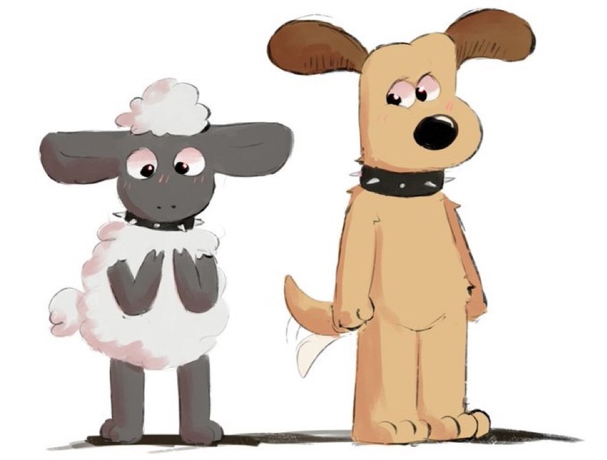 anthro duo male male/male simple_background tail tail_motion tailwag pawfunk aardman_animations shaun_the_sheep wallace_and_gromit gromit_(wallace_and_gromit) shaun_the_sheep_(character) bovid canid canine caprine mammal sheep digital_media_(artwork)