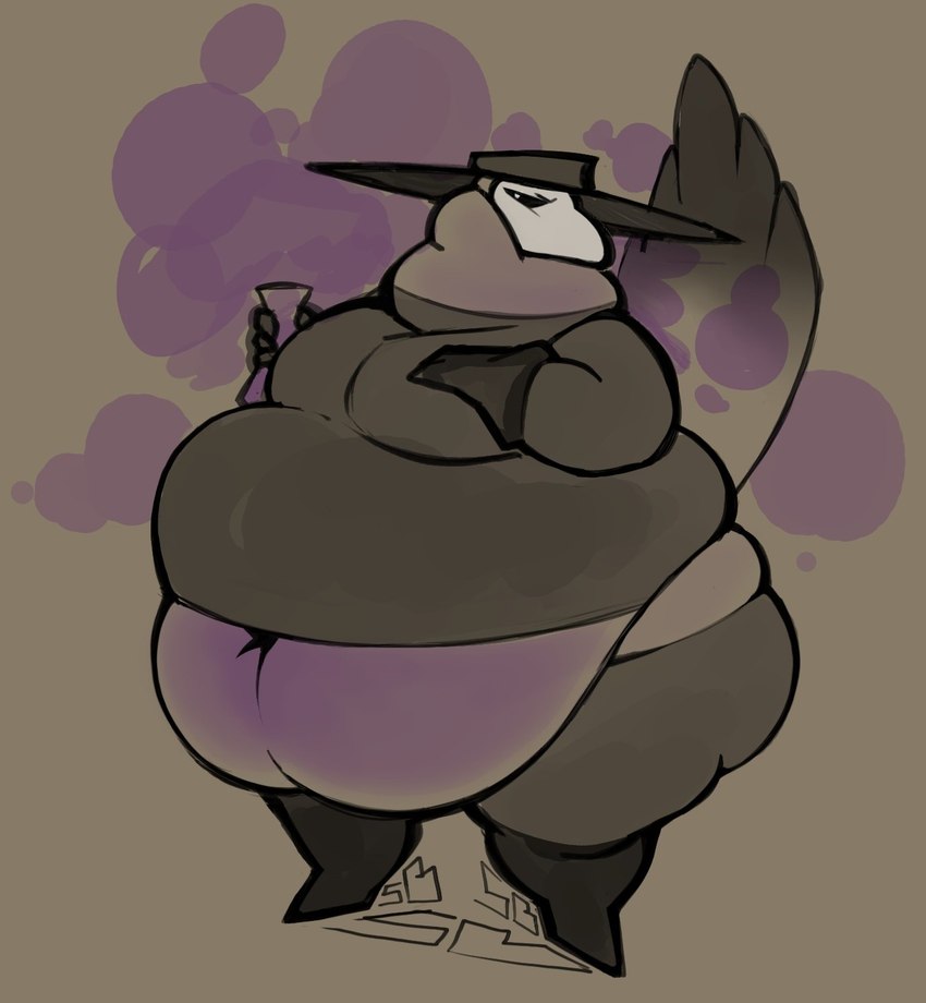 animal_mask anthro beak_mask belly belly_blush belly_expansion big_belly blush body_blush breasts burp_cloud burping clothed clothing expansion fat_neck female hand_on_breast hat headgear headwear huge_belly mask narrowed_eyes navel obese overweight overweight_anthro overweight_female plague_doctor potion purple_belly simple_background solo squint tail text thick_thighs smokey_blokey nox_(smokey_blokey) avian digital_drawing_(artwork) digital_media_(artwork) hi_res