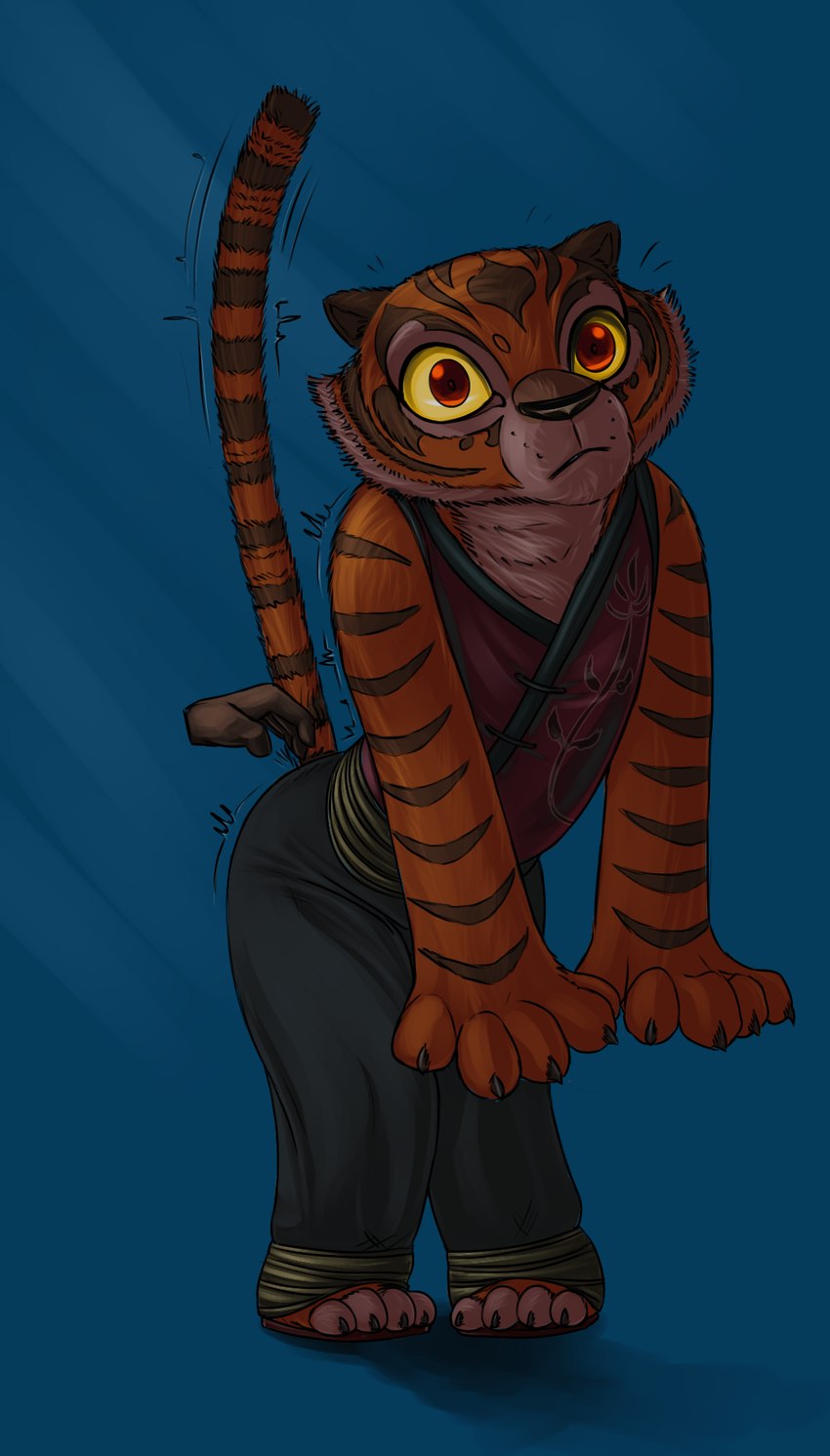 anthro female fur legs_together raised_tail red_eyes scratching_butt shocked solo standing striped_body striped_fur stripes tail redout dreamworks kung_fu_panda master_tigress felid mammal pantherine tiger 2018 hi_res