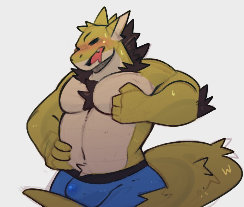 anthro bulge clothing male muscular muscular_anthro muscular_male pecs solo tail underwear yellow_body lemeonlemon mythology dragon mythological_creature mythological_scalie scalie