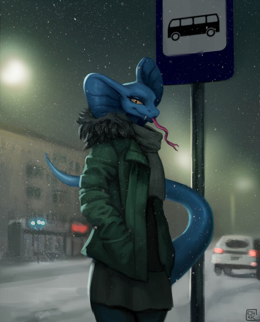 anthro blurred_background building bus_stop bus_stop_sign car clothing commie_block female jacket scarf sign snow solo street_lamp sweater tail tongue tongue_out topwear vehicle winter winter_clothing winter_coat ethrk reptile scalie snake 2021 digital_media_(artwork) hi_res