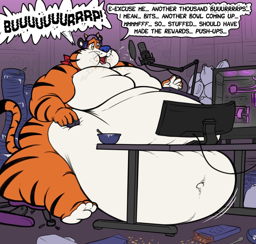 anthro ascot ascot_only belly big_belly big_cheeks bowl broken_chair burping burping_while_talking cereal_bowl cereal_box cereal_mascot chair chubby_cheeks computer computer_keyboard computer_monitor computer_mouse container dialogue electronics fur furniture half-closed_eyes headphones hyper immobile male mascot microphone morbidly_obese morbidly_obese_anthro morbidly_obese_male mostly_nude narrowed_eyes navel nude obese obese_anthro obese_male office_chair on_chair open_mouth overweight overweight_anthro overweight_male sitting sitting_on_chair solo speech_bubble striped_body striped_fur stripes text whiskers eggo21 frosted_flakes kellogg's tony_the_tiger felid mammal pantherine tiger 2024 absurd_res english_text hi_res