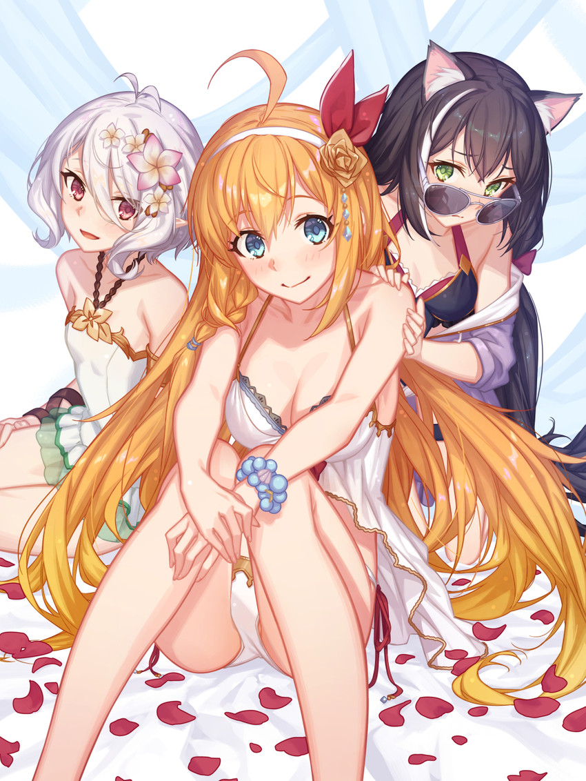 black_body black_fur black_hair blue_hair blush breasts cleavage clothed clothing eyewear female fur green_eyes grey_hair group hair humanoid_pointy_ears inner_ear_fluff long_hair orange_hair pointy_ears short_hair simple_background sitting small_breasts sunglasses tuft m-ya cygames princess_connect! princess_connect!_re:dive karyl_(princess_connect!) kokkoro_(princess_connect!) pecorine_(princess_connect!) animal_humanoid cat_humanoid elf felid felid_humanoid feline feline_humanoid human humanoid mammal mammal_humanoid hi_res