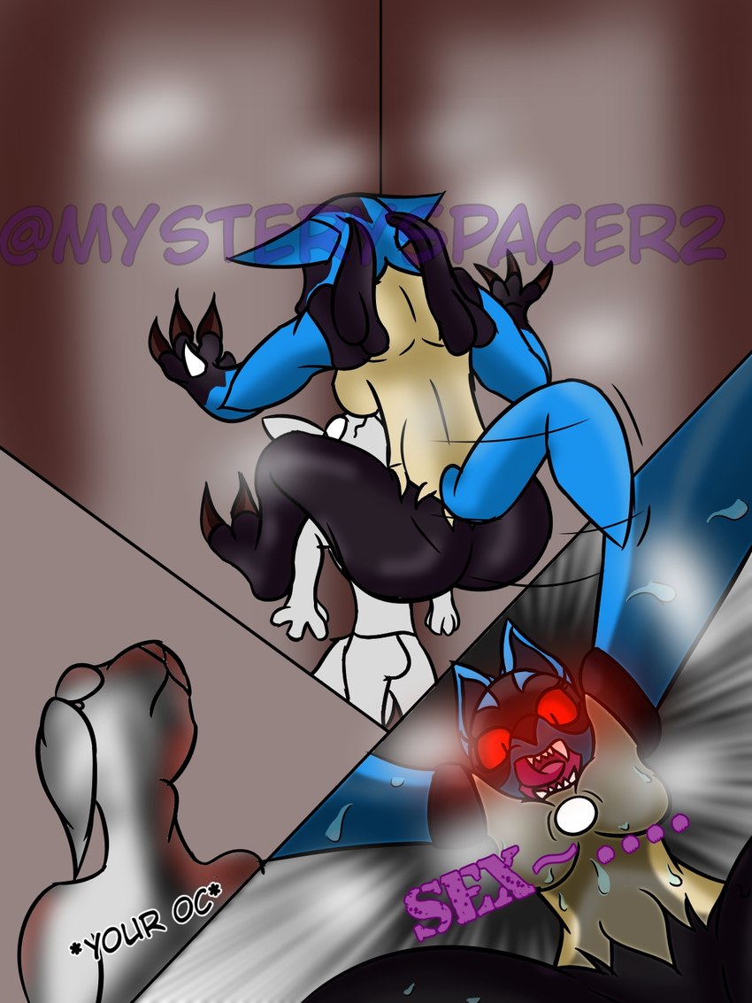 anthro black_body black_fur blue_body blue_fur bodily_fluids breasts butt clothed clothing corneria duo fangs female fur gloating harassment male pantsless perspective red_eyes sweat sweatdrop tail tail_motion teeth maximilianofox nintendo pokemon canid canine generation_4_pokemon lucario mammal pokemon_(species) 3:4 hi_res