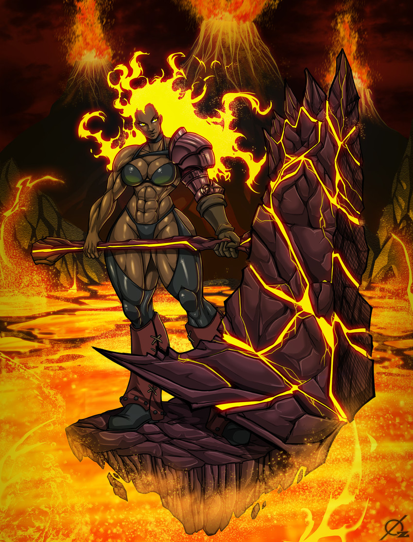 abs axe big_breasts bikini breasts cleavage clothed clothing female fire heat_axe lava melee_weapon muscular muscular_female muscular_humanoid not_furry solo swimwear two-piece_swimsuit volcano weapon osmar-shotgun elemental_creature fire_creature humanoid absurd_res hi_res