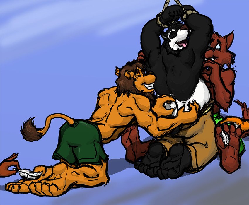 4_toes anthro arms_above_head barefoot bdsm bent_over biped black_body black_fur black_nose blue_background bondage bottomwear bound brown_body brown_fur brown_nose brown_tail_tuft cheek_tuft claws clothed clothing dominant dominant_anthro dominant_male eyes_closed facial_tuft feet foot_fetish fur fur_tuft furgonomic_bottomwear furgonomics green_bottomwear green_clothing green_shorts group holding_feather holding_object humanoid_feet kneeling laugh loose_feather male male/male open_mouth open_smile plantigrade raised_arms restraints rope rope_bondage shirtless_anthro shirtless_male shorts simple_background sitting smile snout soles submissive submissive_anthro submissive_male tail tail_tuft teeth tickle_fetish tickle_torture tickling tickling_armpits tickling_back tickling_feet tickling_toes toe_claws toes tongue trio_focus tuft white_body white_fur yellow_body yellow_fur kctk byron_keza ryo_toya tony_serrano bear domestic_cat felid feline felis giant_panda lion mammal pantherine 2017