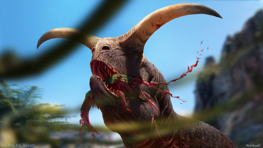 blood bodily_fluids day detailed_background gore horn open_mouth outside sky teeth tongue arvalis abelisaurid carnotaurus dinosaur prehistoric_species reptile scalie theropod 2021 absurd_res digital_media_(artwork) hi_res