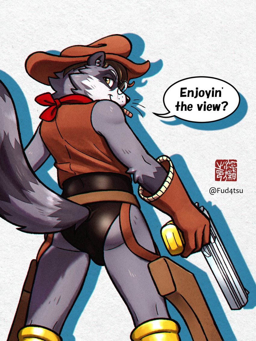 anthro bulge butt cigar clothing cosplay cowboy_hat fur grey_body grey_fur gun handgun hat headgear headwear kerchief leotard male pistol ranged_weapon rear_view solo weapon fudatsu kings_of_hell mammal procyonid raccoon 3:4 hi_res