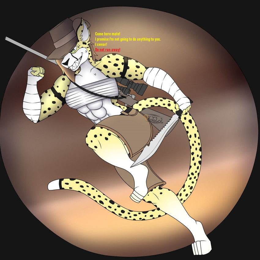 anthro australian australian_hat bandage breasts clothed clothing female gun knife muscular muscular_anthro muscular_female ranged_weapon rifle running smile solo weapon photolol.03 jessica_(photolol.03) cheetah felid feline mammal 1:1 hi_res