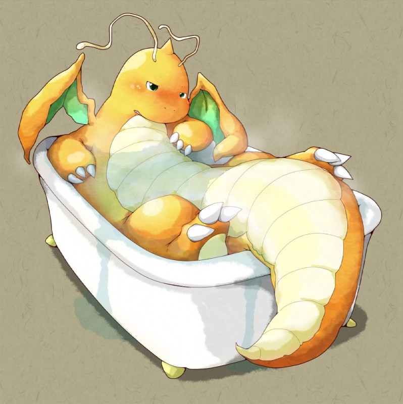 ambiguous_gender bath bathtub blush claw_foot_bathtub feral legs_out_of_water membrane_(anatomy) membranous_wings orange_body orange_skin over_edge partially_submerged slightly_chubby solo submerged_legs submerged_tail supported_tail tail tail_out_of_water tail_over_edge up_and_over water wet wings kinoko mythology nintendo pokemon dragon dragonite generation_1_pokemon mythological_creature mythological_scalie pokemon_(species) scalie