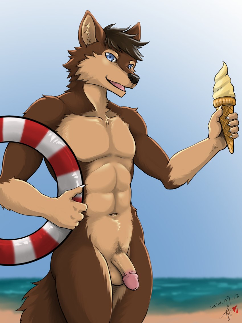 5_fingers anthro balls beach black_nose blue_eyes brown_body brown_fur brown_hair casual_nudity circumcised claws dessert finger_claws fingers flaccid food fur genitals glans hair humanoid_genitalia humanoid_hands humanoid_penis ice_cream inflatable inner_tube looking_at_viewer male multicolored_body multicolored_fur navel nude nude_beach open_mouth open_smile outdoor_nudity outside penis sand seaside smile solo tan_body tan_fur two_tone_body two_tone_fur water baroque_(artist) canid canine canis mammal wolf 2021 3:4 digital_media_(artwork) hi_res signature