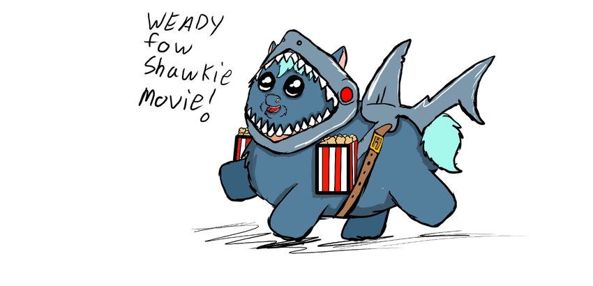 ambiguous_gender baby_talk belt blue_body blue_fur blue_hair clothing costume dialogue feral food fur hair popcorn shark_costume simple_background solo text white_background carniviousduck fluffy_pony fluffy_pony_(species) mammal english_text