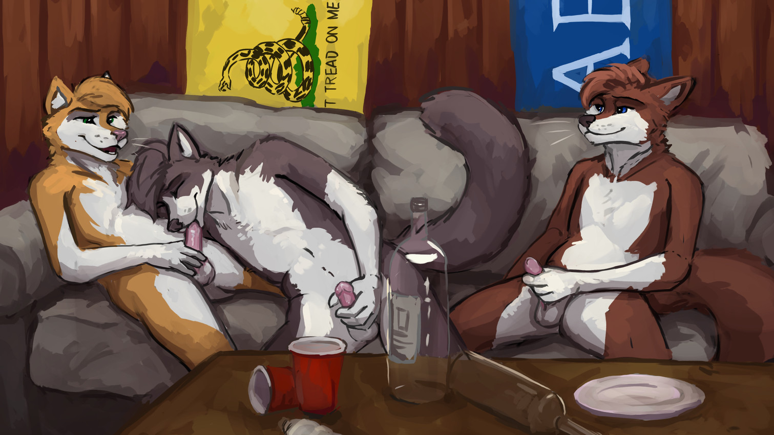 alcohol anthro balls being_watched beverage biped erection fellatio fraternity fur furniture gadsden_flag genitals group group_masturbation group_nudity group_sex hair happy happy_sex humanoid_genitalia humanoid_penis looking_at_another male male/male male_penetrating masturbation multicolored_body multicolored_fur nude open_mouth oral oral_penetration penetration penile penile_masturbation penile_penetration penis sex smile sofa tail text white_body white_fur tazal canid canine canis domestic_dog mammal reptile scalie snake digital_media_(artwork) digital_painting_(artwork) english_text hi_res painting_(artwork)