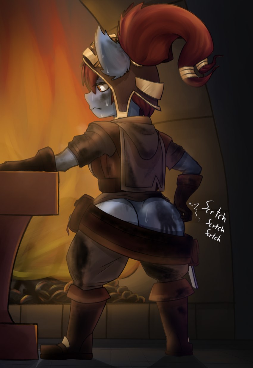 big_butt blacksmith butt clothed clothing dirty female scratching scratching_butt short_stack solo darkafterdark league_of_legends riot_games tencent blacksmith_poppy_(lol) poppy_(lol) yordle absurd_res hi_res