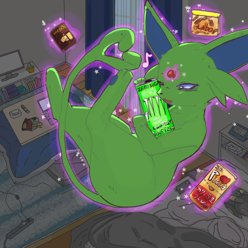 ambiguous_gender bed bed_sheet bedding book cactus charging_cable chips_(food) clock computer curtains electronics extension_cord eyes_closed food furniture green_body inside laptop logo_parody lying on_bed open_mouth pillow plant sleeping solo table television tissue_box tv_remote window kagura_0471 monster_energy nintendo pokemon eeveelution espeon generation_2_pokemon mammal pokemon_(species) shiny_pokemon umbreon 1:1 2022 hi_res