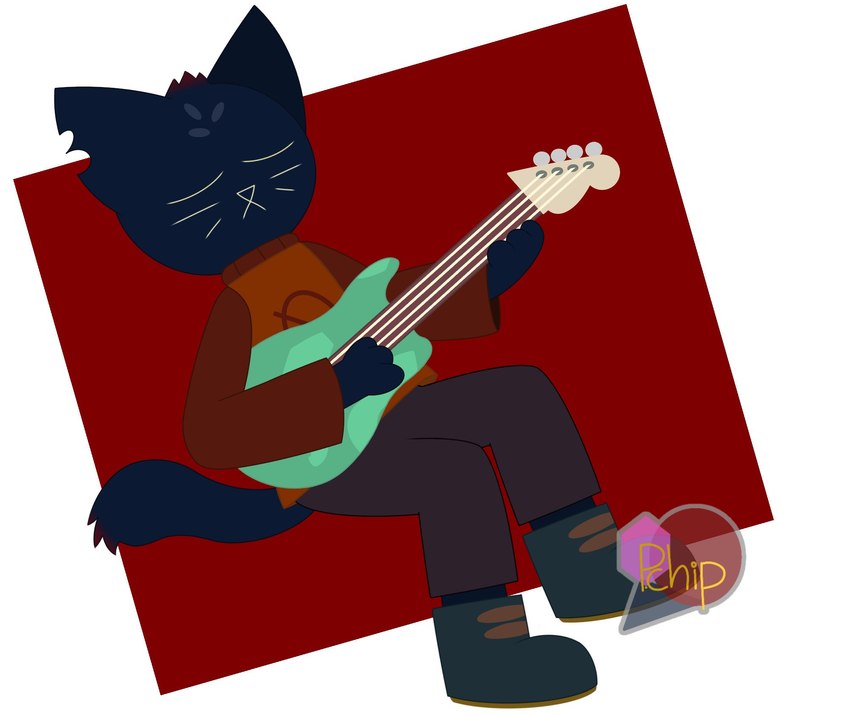 3_fingers anthro biped blue_body blue_ears blue_fur blue_tail boots bottomwear brown_clothing claws clothed clothing eyes_closed fingers footwear fur grey_clothing guitar head_tuft holding_guitar holding_musical_instrument holding_object holding_pluck_string_instrument holding_string_instrument markings multicolored_clothing musical_instrument notched_ear on_model orange_clothing orange_shirt orange_topwear pants paws playing_guitar playing_music plucked_string_instrument red_clothing shirt shoes solo string_instrument tail topwear tuft two_tone_clothing whisker_markings whiskers potato_the_chip night_in_the_woods mae_borowski domestic_cat felid feline felis mammal 2019 digital_drawing_(artwork) digital_media_(artwork) hi_res signature