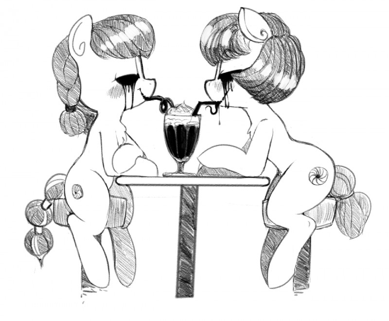 bendy_straw beverage black_eyes blush cosmic_horror drinking drinking_straw duo female furniture milkshake sharing sharing_beverage sharing_milkshake silly_straw stool table zalgo_edit mcsweezy creepypasta hasbro lovecraftian_(genre) my_little_pony fan_character zalgo_(creepypasta) earth_pony equid equine horse mammal monster pony 2018 digital_drawing_(artwork) digital_media_(artwork) monochrome sketch